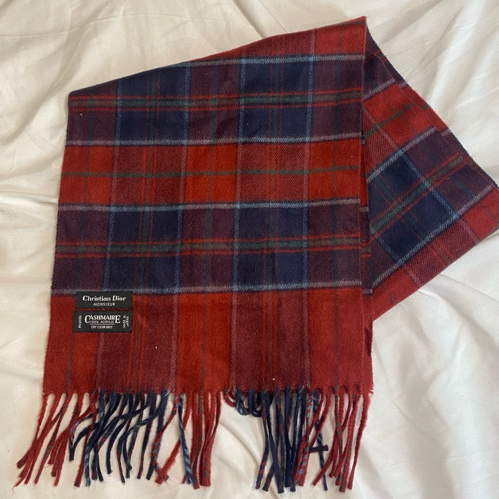 CHRISTIAN DIOR Christmas Red and Blue Cashmere Plaid Scarf